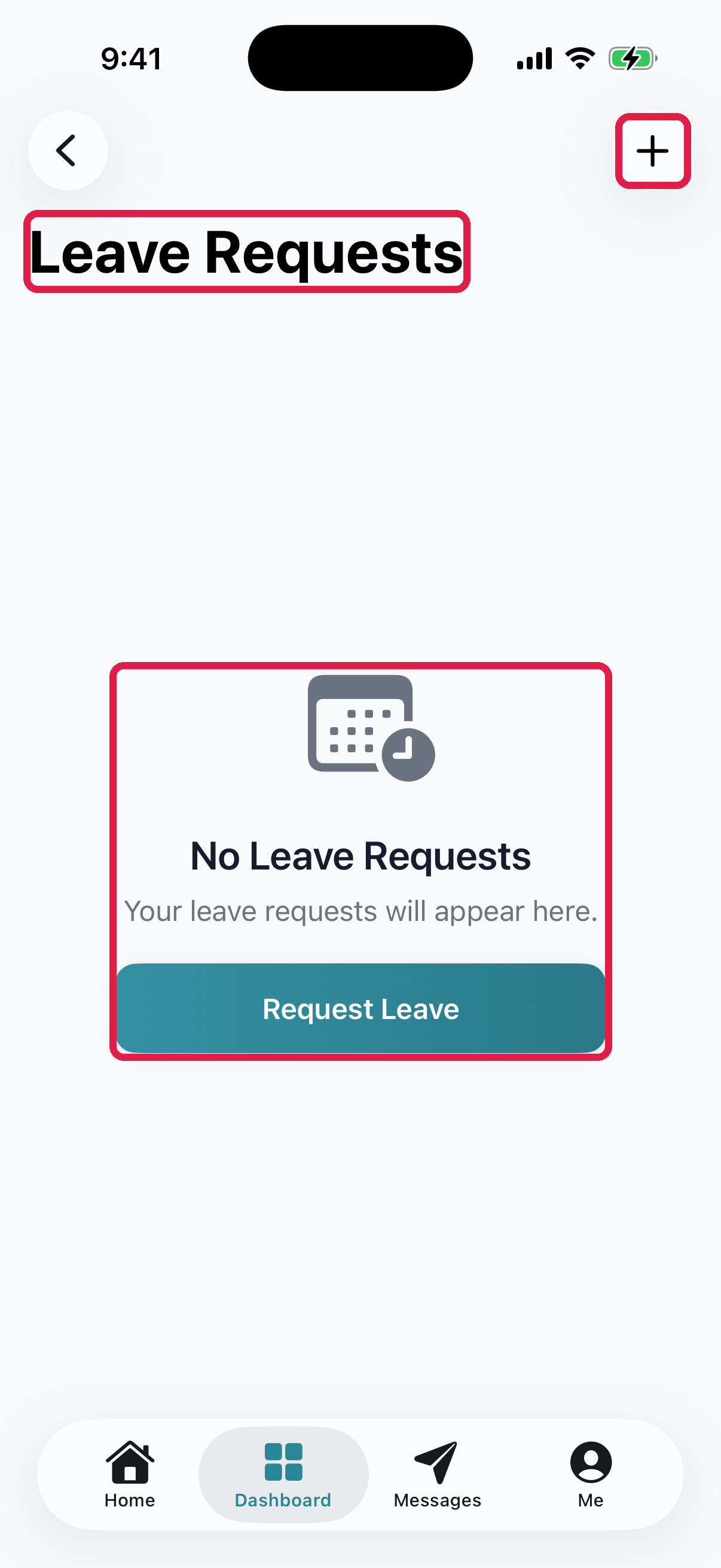 The Leave Requests screen on iPhone showing the empty state