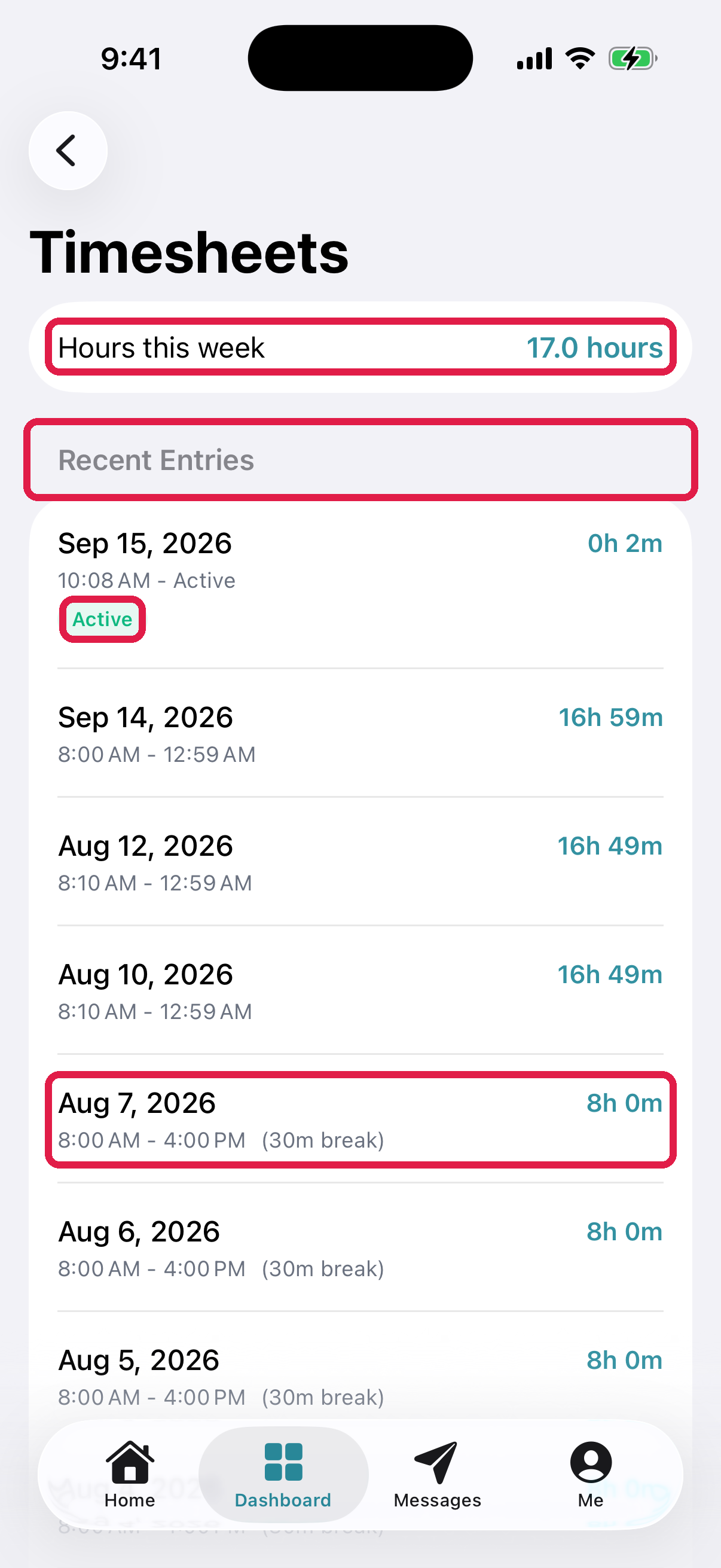 The Timesheets screen on iPhone, showing Hours this week and a list of recent time entries